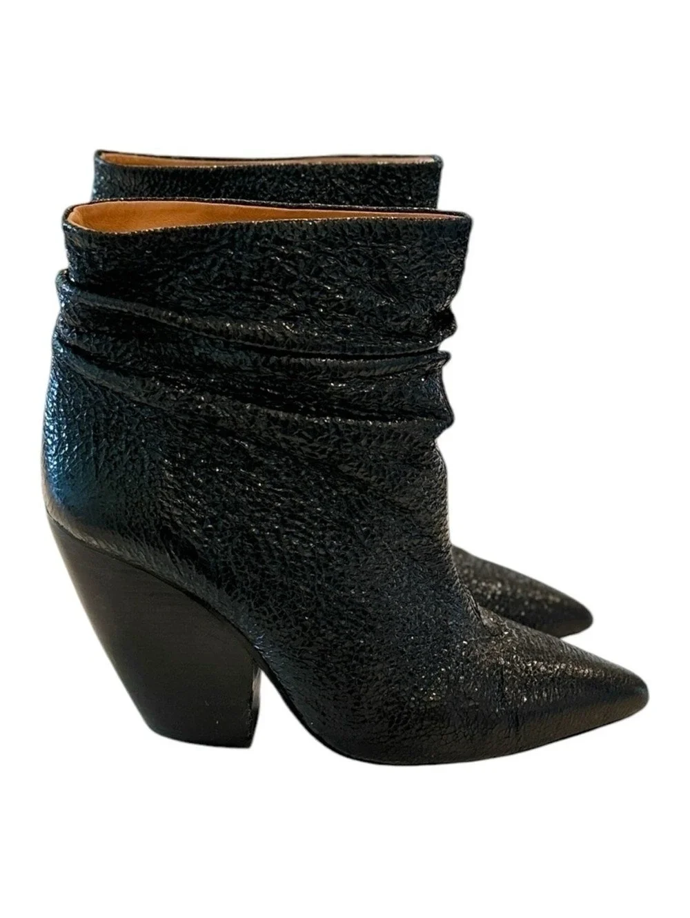 IRO Black Ruched Leather Slouchy Pointed Toe Ankle Boots Cone Heel Size 7
